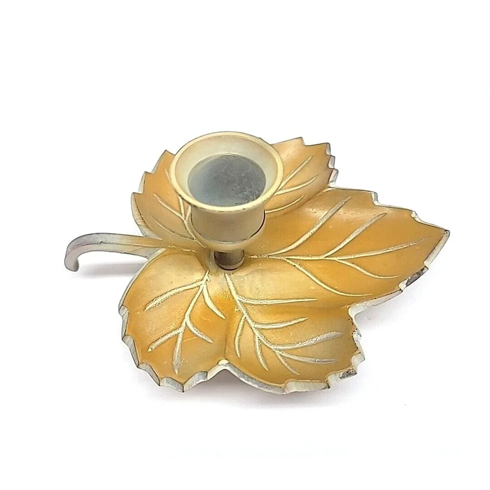 Tan Painted Brass Maple Leaf Single Candlestick Holder 5.5